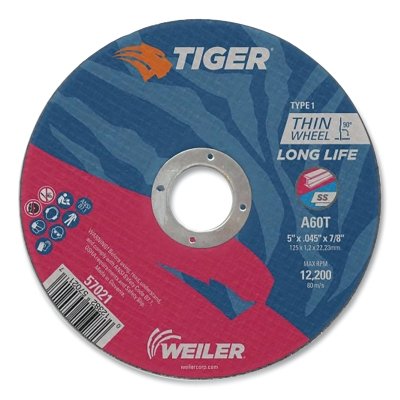 Weiler 57021 Tiger AO Cutting Wheel, 5 in dia x 0.045 in Thick, 7/8 in Arbor, A60T, Type 1