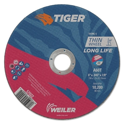 Weiler 57022 Tiger Type 1 Cut-Off Wheel, 6 in Dia x 0.045 in Thick, 7/8 in Arbor Hole, A60T