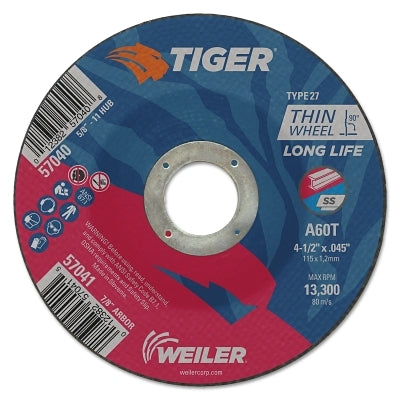 Weiler 57041 Tiger Type 27 Cut-Off Wheel, 4-1/2 in Dia x 0.045 in Thick, 7/8 in Arbor Hole, A60T