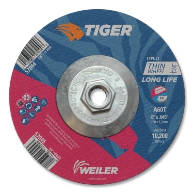 Weiler 57044 Tiger AO Cutting Wheel, 6 in dia x 0.045 in Thick, 5/8 in-11 UNC Arbor, A60T, Type 27
