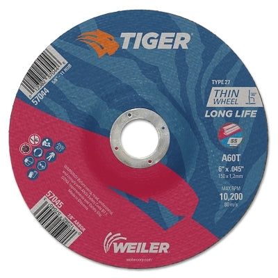 Weiler 57045 Tiger AO Cutting Wheel, 6 in dia x 0.045 in Thick, 7/8 in Arbor, A60T, Type 27
