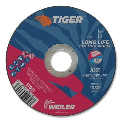 Weiler 57061 Tiger AO Cutting Wheel 4-1/2 in dia x 1/16 in Thick 7/8 in Arbor A36T Type 1