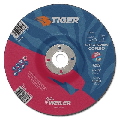 Weiler 57109 Tiger AO Type 27 Cut/Grind Combo Wheel, 6 in dia x 1/8 in Thick, 7/8 in dia Arbor, A30S
