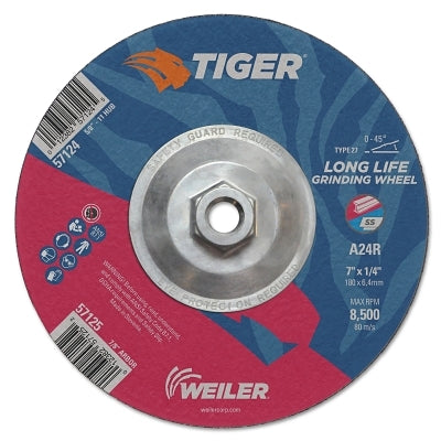 Weiler 57124 Tiger AO Grinding Wheel, 7 in dia x 1/4 in Thick, 5/8 in-11 UNC Arbor, A24R, Type 27