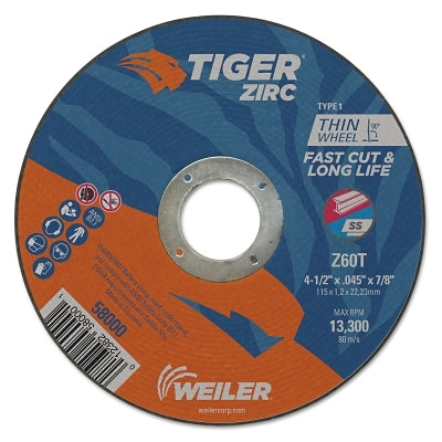 Weiler 58000 Tiger Zirc Type 1 Cut-Off Wheel, 4-1/2 in Dia x 0.045 in Thick, 7/8 in Arbor Hole, 25 Pack