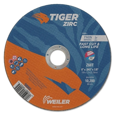 Weiler 58002 Tiger Zirc Type 1 Cut-Off Wheel, 6 in Dia x 0.045 in Thick, 7/8 in Arbor Hole