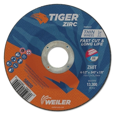 Weiler 58020 Tiger Zirc Type 27 Cut-Off Wheel, 4-1/2 in Dia x 0.045 in Thick, 7/8 in Arbor Hole