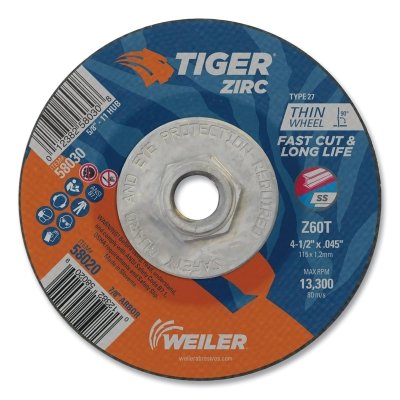 Weiler 58030 Tiger Zirc Cutting Wheel 4-1/2 in dia 0.045 in Thick 5/8 in-11 UNC Arbor Zirconia Alumina Type 27 Z60T