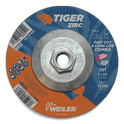 Weiler 58054 Tiger Zirc Type 27 Cut/Grind Combo Wheel, 6 in dia x 1/8 in Thick, 5/8 in-11 dia Arbor, Z30T