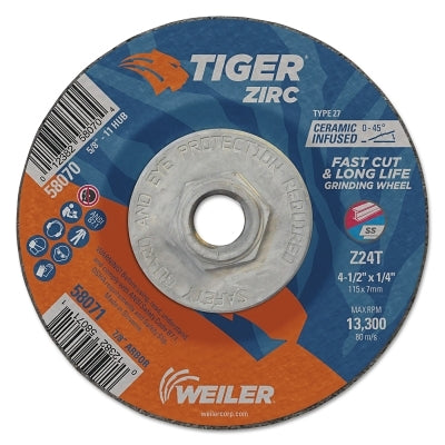 Weiler 58070 Tiger Grinding Wheel, 4-1/2 in dia x 1/4 in Thick x 5/8 in-11 Arbor, 24 Grit, Zirconia Alumina/Ceramic, Type 27, 10 EA/PK