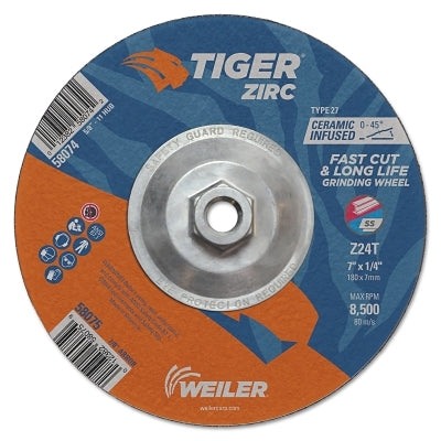 Weiler 58074 Tiger Grinding Wheel, 7 in dia x 1/4 in Thick x 5/8 in-11 Arbor, 24 Grit, Zirconia Alumina/Ceramic, Type 27, 10 EA/PK