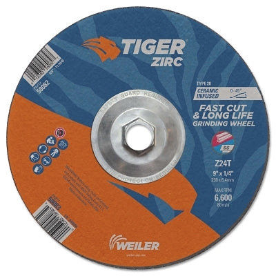 Weiler 58082 Tiger Grinding Wheel, 9 in dia x 1/4 in Thick x 5/8 in-11 Arbor, 24 Grit, Zirconia Alumina/Ceramic, Type 28, 10 EA/BX