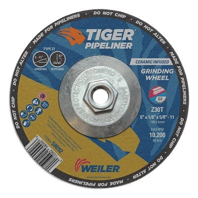 Weiler 58092 Tiger Pipeliner Grinding Wheel, 6 in dia x 1/8 in Thick x 5/8 in-11 Hub, Z30T, Type 27