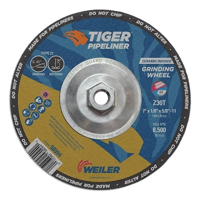 Weiler 58094 Tiger Pipeliner Grinding Wheel, 7 in dia x 1/8 in Thick x 5/8 in-11 Hub, Z30T, Type 27