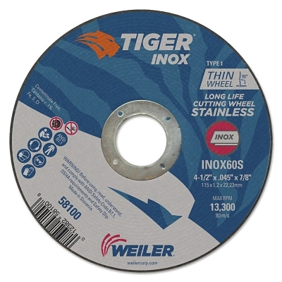 Weiler 58100 Tiger Inox Thin Cutting Wheel, 4-1/2 in Diameter,.045 in Thick, 7/8 in Arbor