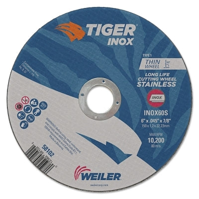 Weiler 58102 Tiger Inox Thin Cutting Wheel, 6 in Dia,.045 in Thick, 7/8 in Arbor