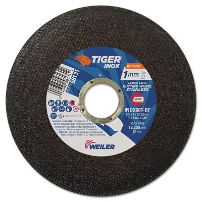 Weiler 58131 Tiger INOX Ultracut Thin Cutting Wheel, 5 in, 7/8 in Arbor, 60, 12200 RPM, 50/PK