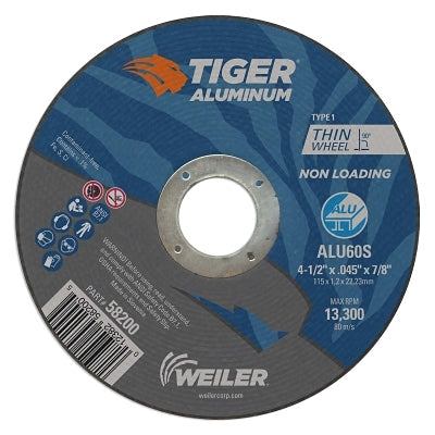 Weiler 58200 Aluminum Cutting Wheel, 4-1/2 in Diameter, 7/8 in Arbor, Type 1, 60 Grit, AO