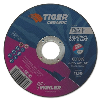 Weiler 58300 Tiger Ceramic Type 1 Cut-Off Wheel, 4-1/2 in Dia x 0.045 in Thick, 7/8 in Arbor Hole, 60 Grit Ceramic