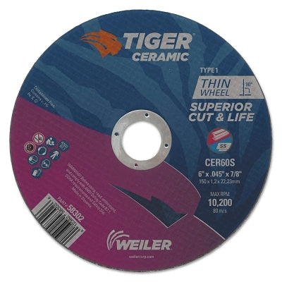 Weiler 58302 Tiger Ceramic Cutting Wheel, 6 in Dia, 0.045in Thick, 24/bx