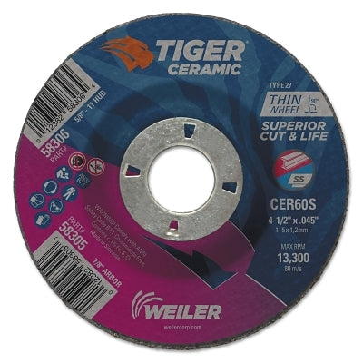 Weiler 58305 Tiger Ceramic Cutting Wheel, 4.5in Diameter, 0.045 in Thick, 7/8 in Arbor, 24/bx