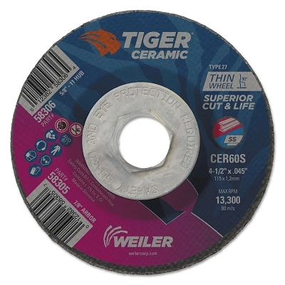 Weiler 58306 Tiger Ceramic Cutting Wheel, 4-1/2 in Diameter, 0.045 in Thick, 60 Grit, Ceramic Alumina