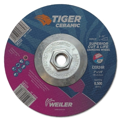 Weiler 58332 Tiger Grinding Wheel, 7 in dia x 1/4 in Thick x 5/8 in-11 Arbor, 24 Grit, Ceramic Alumina, Type 27, 10 EA/BX