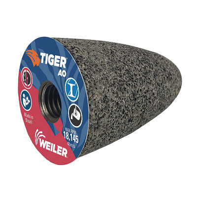 Weiler 68310 Tiger Grinding Cone, 2 in dia x 3 in Thick x 5/8 in-11 Arbor, 24 Grit, Aluminum Oxide, Type 16, 12 EA/BX