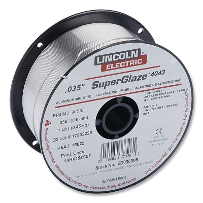 Lincoln Electric LINED030308 SuperGlaze 4043 MIG Wire, 0.035 in dia, (20) 1 lb Spool, Aluminum