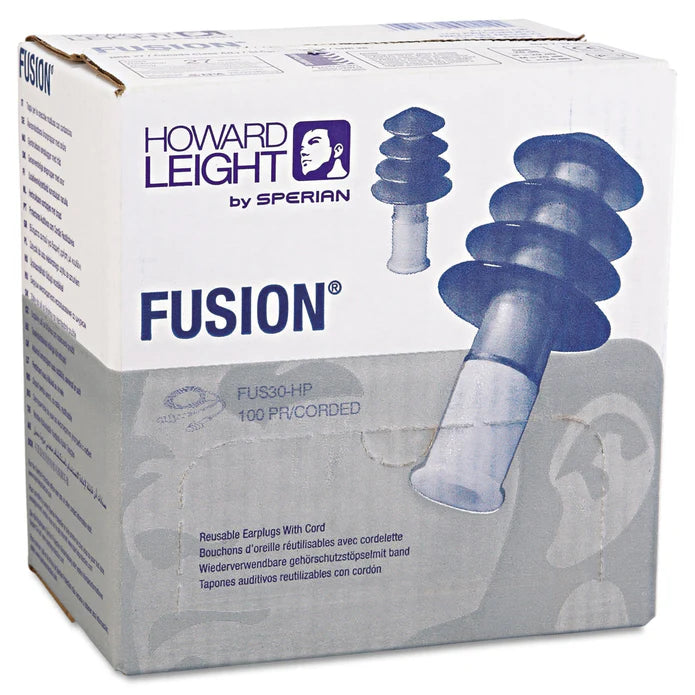 Howard Leight by Honeywell Fusion Multiple-Use Earplug, Thermoplastic Elastomer,Blue/White, Corded 100 Pair / Box
